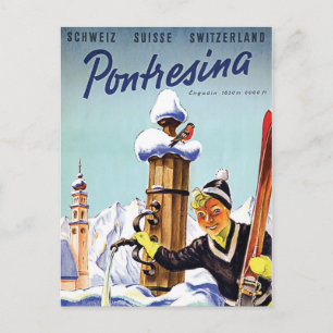 Skifahrerin in Pontresina, Schweiz Postkarte