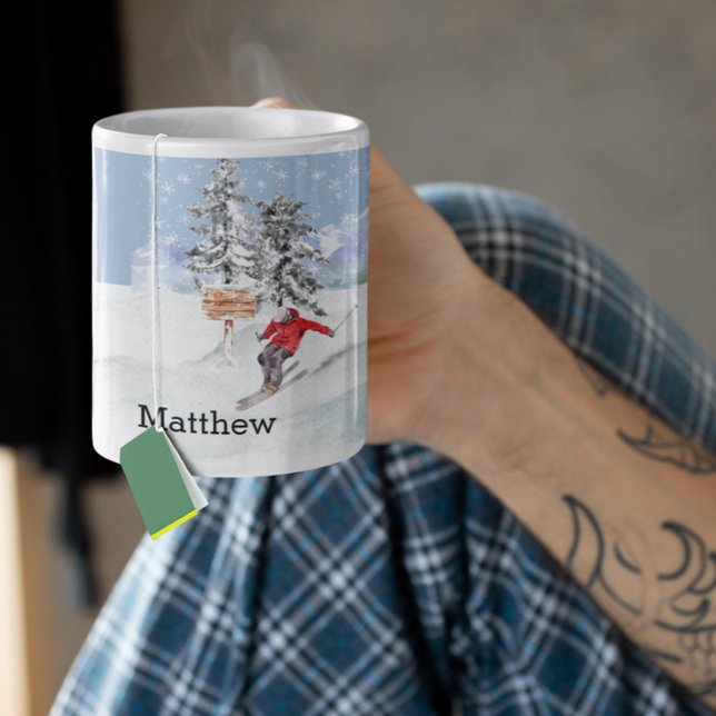 Skifahrerschnee Personalisiert Wasserfarbe Name Kaffeetasse (Von Creator hochgeladen)