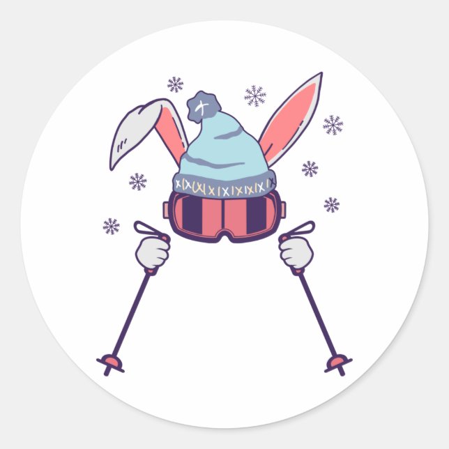 Skihasen mit Skistöcken Skikappe Runder Aufkleber (Vorderseite)