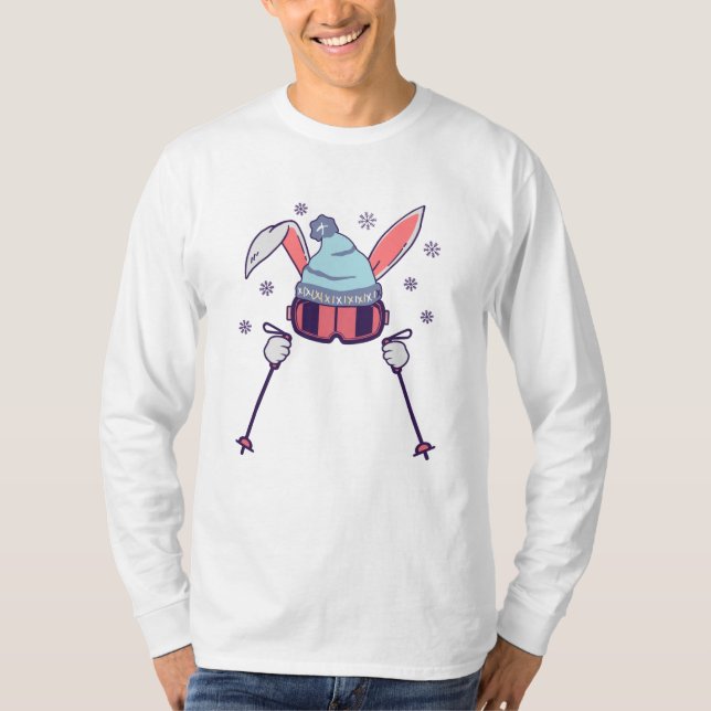 Skihasen mit Skistöcken Skikappe T-Shirt (Vorderseite)