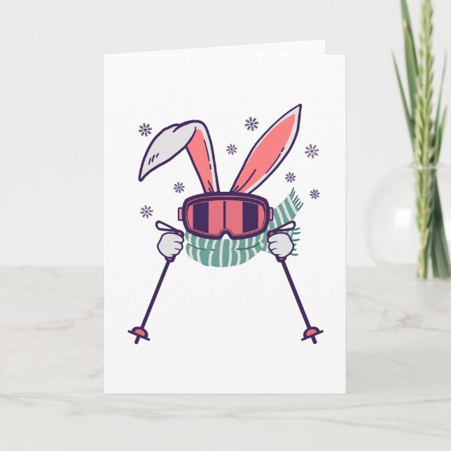 Skihasen mit Skistöcken und Schal Karte (Vorderseite)