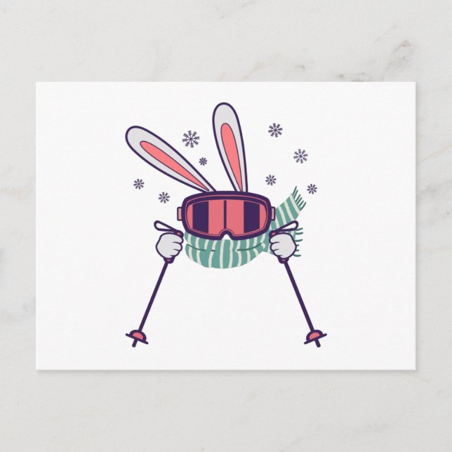 Skihasen mit Skistöcken und Schal Postkarte (Vorderseite)
