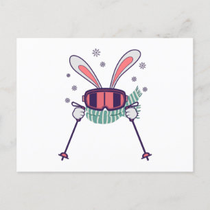 Skihasen mit Skistöcken und Schal Postkarte