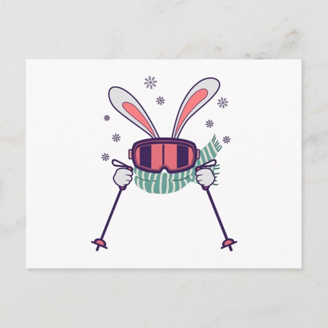 Skihasen mit Skistöcken und Schal Postkarte (Vorderseite)
