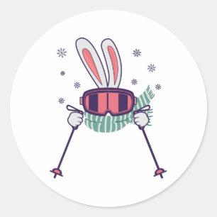Skihasen mit Skistöcken und Schal Runder Aufkleber