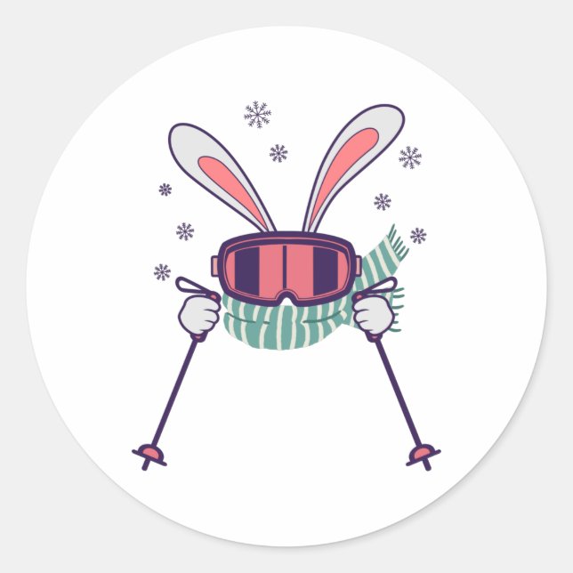 Skihasen mit Skistöcken und Schal Runder Aufkleber (Vorderseite)