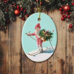 Skiing Child Delivering Christmas Bouquet Keramik Ornament