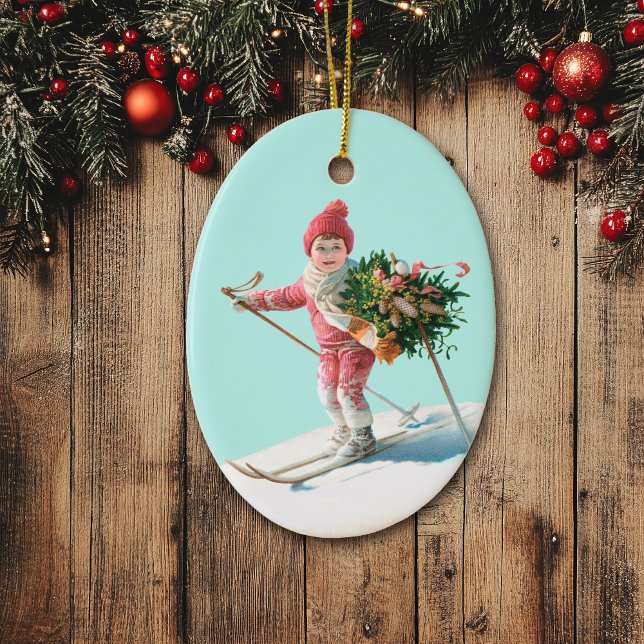 Skiing Child Delivering Christmas Bouquet Keramik Ornament (Von Creator hochgeladen)