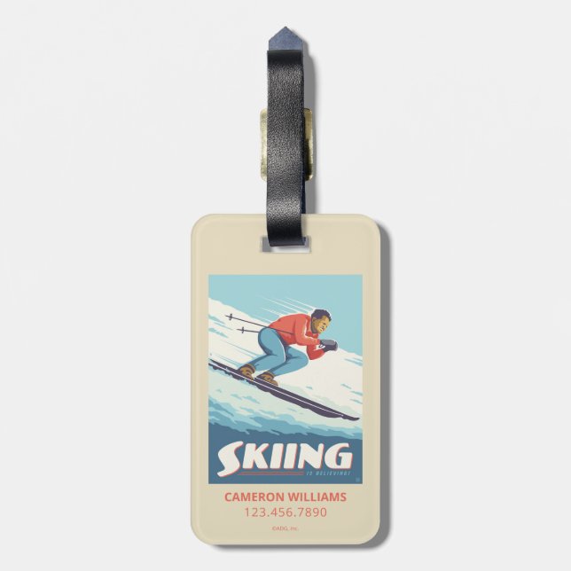 Skiing glaubt Retro Print Gepäckanhänger (Rückseite vertikal)