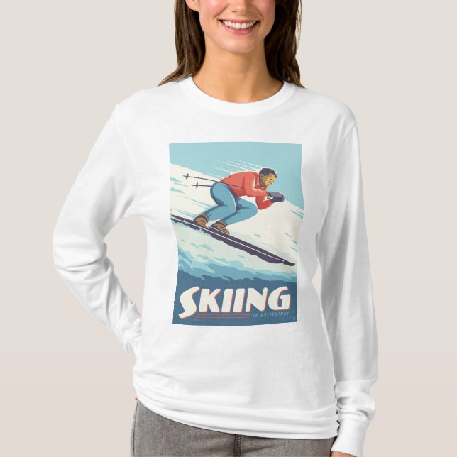 Skiing glaubt Retro Print T-Shirt (Vorderseite)