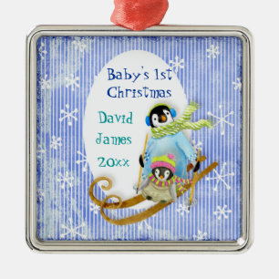 Skiing Pinguin Baby's 1. Weihnachtsdekoration Silbernes Ornament