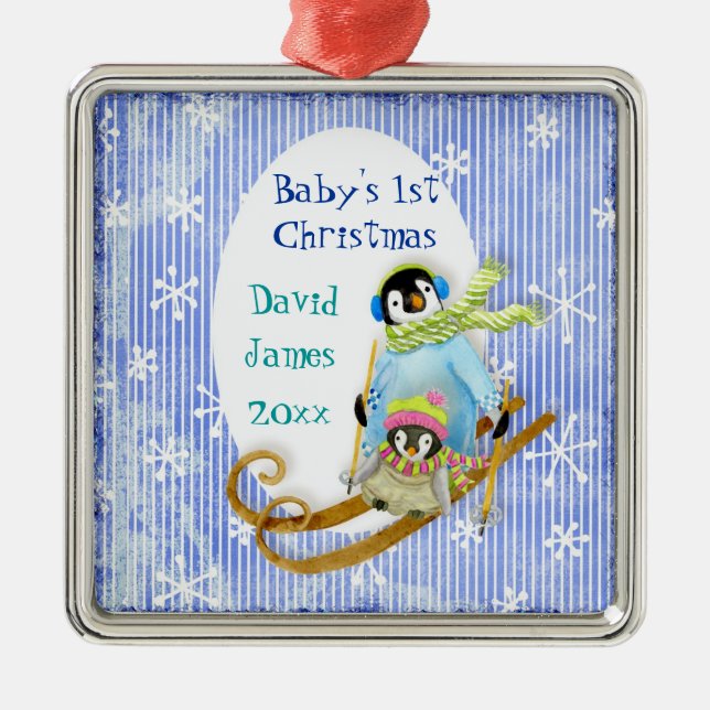 Skiing Pinguin Baby's 1. Weihnachtsdekoration Silbernes Ornament (Vorne)