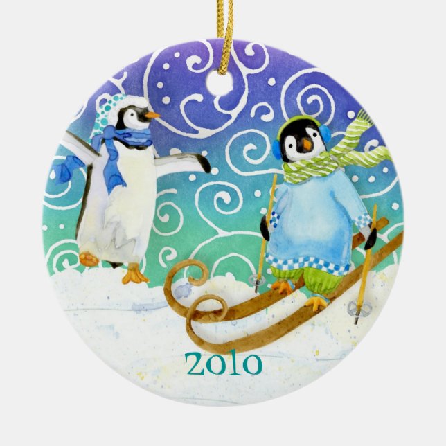 Skiing Pinguin Familie Maßgeschneiderte Weihnachts Keramikornament (Vorne)