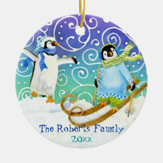 Skiing Pinguin Familie Maßgeschneiderte Weihnachts Keramikornament