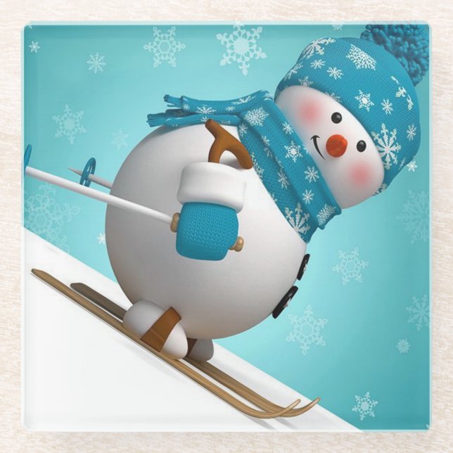 Skiing Snowman Glasuntersetzer (Vorderseite)