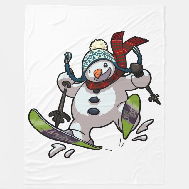 Skiing Snowman in Wooly Weihnachtshut Cartoon Fleecedecke (Vorderseite)