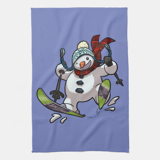 Skiing Snowman in Wooly Weihnachtshut Cartoon Küchentuch (Vertikal)