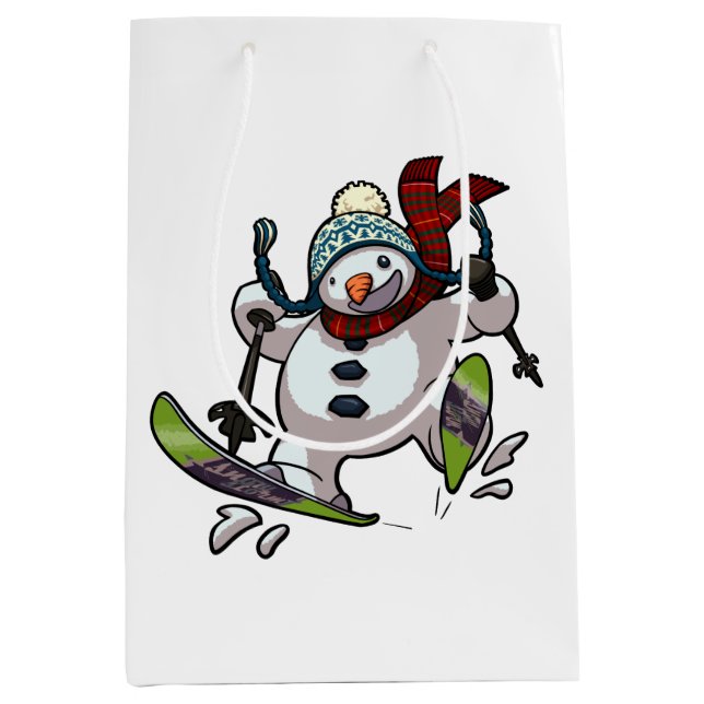 Skiing Snowman in Wooly Weihnachtshut Cartoon Mittlere Geschenktüte (Vorderseite)