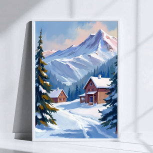 Skikabine Berglandschaft Aquarell Winter Poster