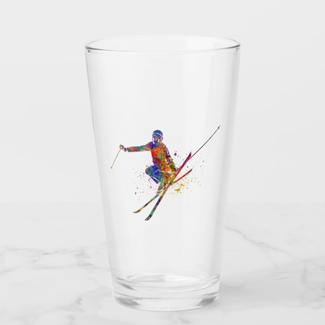Skiläufer in Aquarellon Glas (Vorderseite)