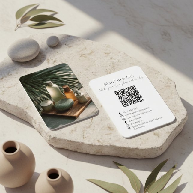 Skincare Brand Business Card with Photo and QR Cod Visitenkarte (Von Creator hochgeladen)