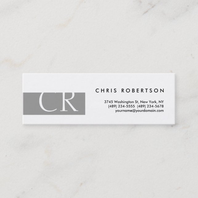 Skinny Monogram Schwarz-weiß Gray Business Card Mini Visitenkarte (Vorderseite)