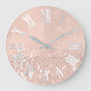 Skinny Peach Rose Glitter Metallic Roman Numers Große Wanduhr