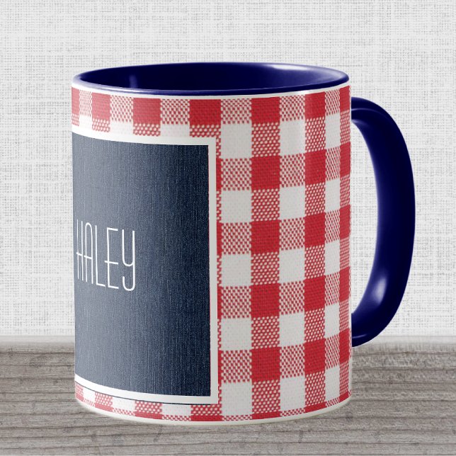 Skinny Schriftart Drk Blue Denim Red White Gingham Tasse (Von Creator hochgeladen)