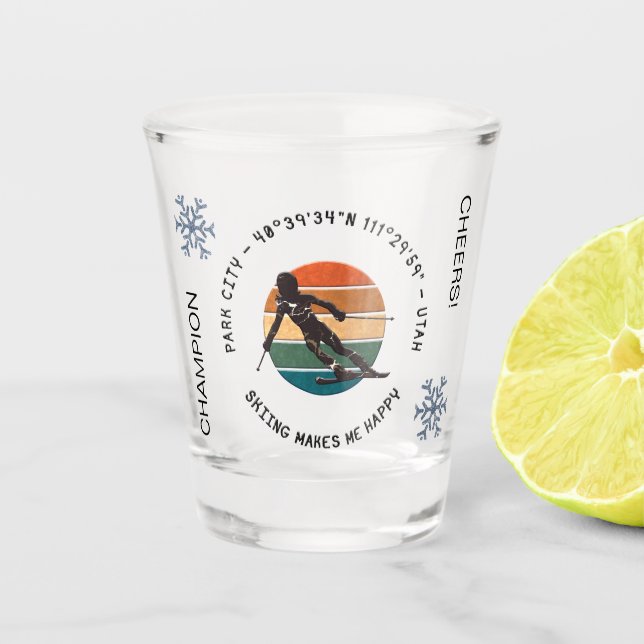 Skiparkstadt, Utah - Frauenski, Schwarzer Text Schnapsglas (Vorderseite)