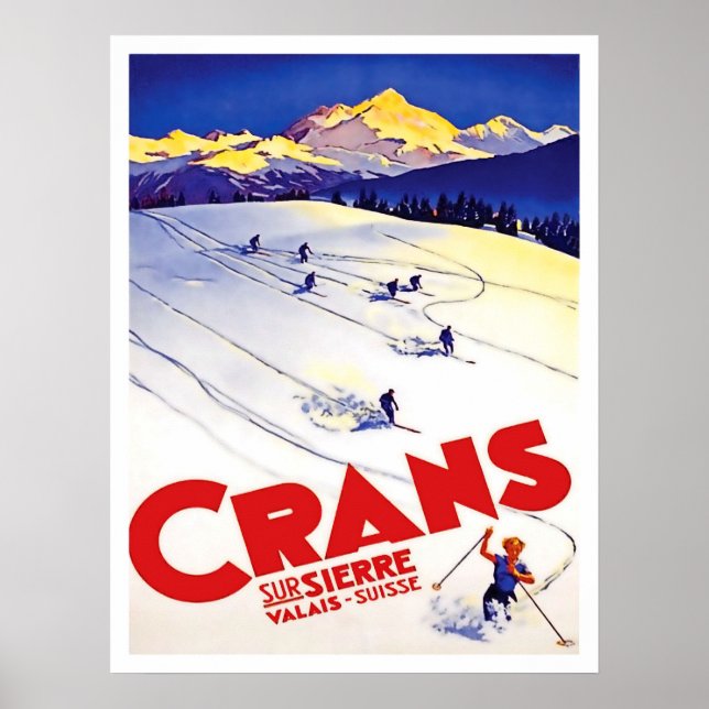 Skipiste in Crans-Hügel, Schweiz, Vintage-Reise Poster (Vorne)