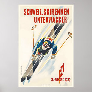 Skirennen St. Gallen Schweiz Vintage-Ski Poster