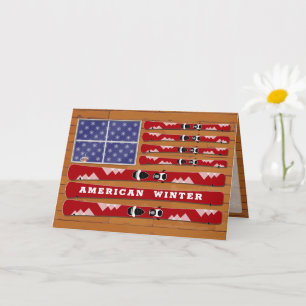 Skis and Snowflakes USA Flag mit Holzmauer Karte