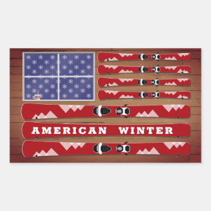 Skis and Snowflakes USA Flag mit Holzwall Rechteckiger Aufkleber