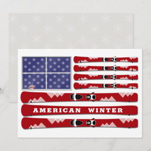 Skis and Snowflakes USA Flag zum Winter Feiertagskarte