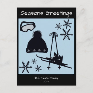 Skis, hat, goggles & snowflakes holiday postkarte