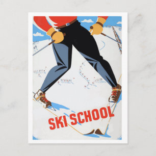 Skischule, Mann auf Skiern, Vintage-Reisepostkarte Postkarte