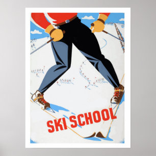 Skischule, Skifahrer, Vintage-Reiseplakat Poster