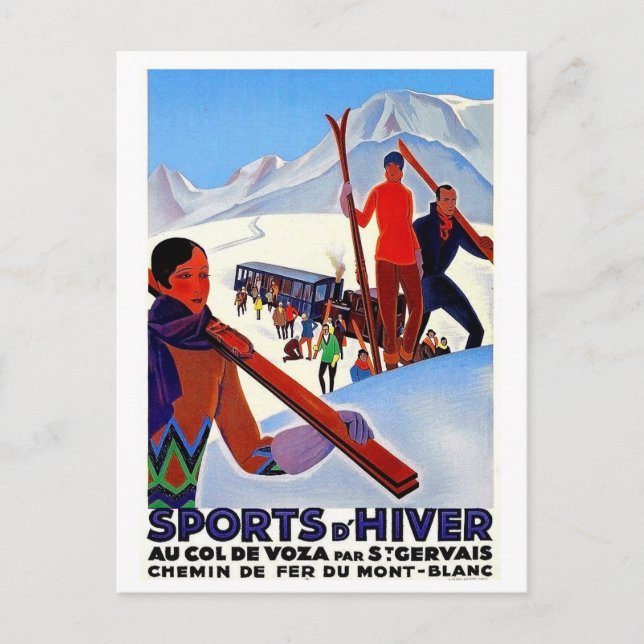 Skisport in D'Hiver, Mont Blanc, Frankreich, Vinta Postkarte (Vorderseite)