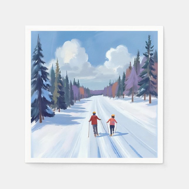 Skispur | Bergskifahren Wasserfarbe Winter Serviette (Vorderseite)