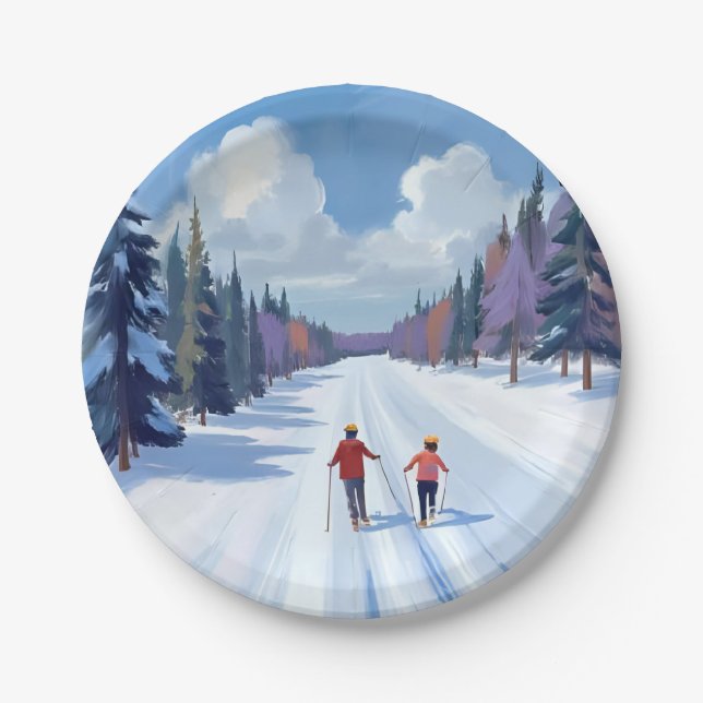 Skispur | Mountain Skifahren Wasserfarbe Winter Pappteller (Vorderseite)