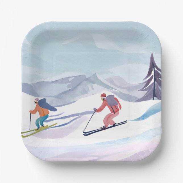 Skitag | Wasserfarben-Winterberg Pappteller (Vorderseite)
