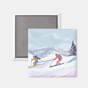 Skitag   Wasserfarbene Winterbergkarte Magnet