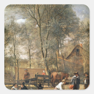 Skittle-Spieler außerhalb eines Gasthauses, Quadratischer Aufkleber