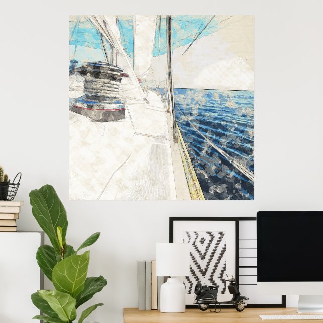 Skizze des Segelschiffes, das durch das Meer surft Poster (Heimbüro)