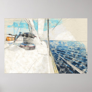 Skizze des Segelschiffes, das durch das Meer surft Poster