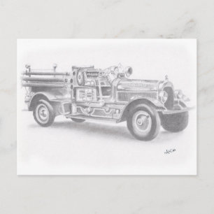 Skizze für Vintage Feuerwehrfahrzeuge Postkarte