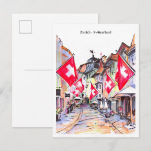 Skizze gemütliche Straße Zürich Schweiz Postkarte