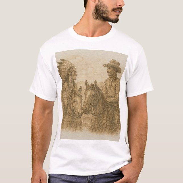 Skizze von Indianern und Cowboy auf Pferden T-Shirt (Vorderseite)
