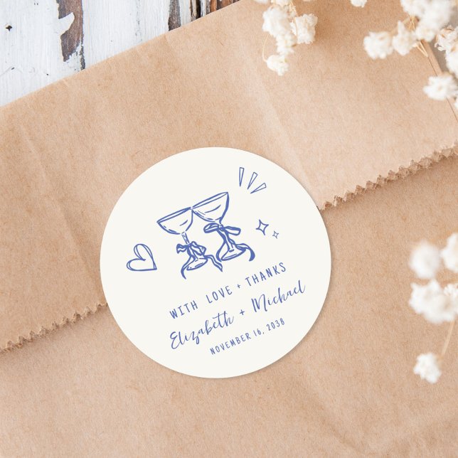 Skizzenhafte, handgezeichnete blaue Creme-Hochzeit Runder Aufkleber (Whimsical Hand Drawn Blue Cream Wedding Thank You Classic Round Sticker)