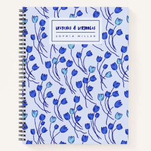 Skizzenhafte Tulpen Handgezeichnete Floral Blaue Notizbuch